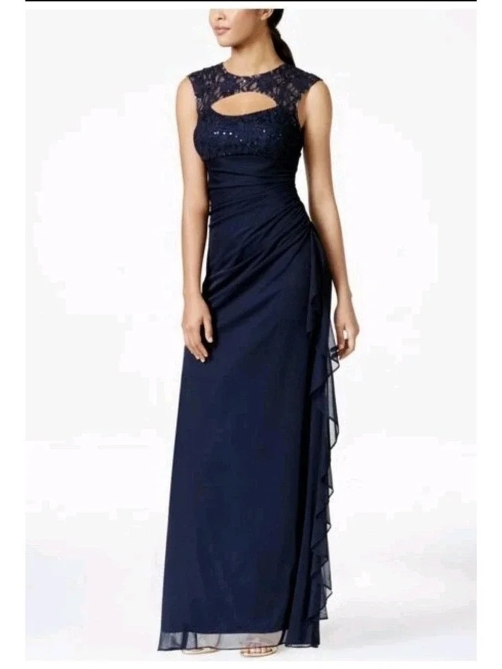 Betsy & Adam Navy Lace Yoke Chiffon Maxi Dress